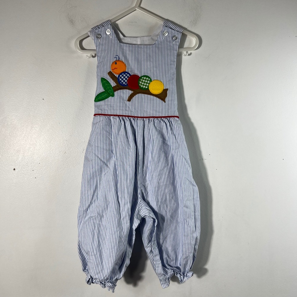 Bailey Boys Striped Snap Leg Overalls 24M Blue White Applique Caterpillar